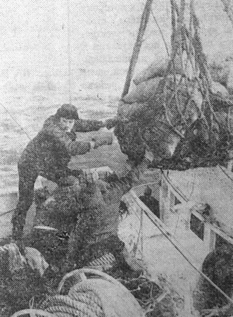 Клейменов и Федоров  матросы БМРТ-604 Рудольф Сирге на погрузке продуктом, доставленных из порта Галифакс на   СРТ-4511 – 30 03 1974